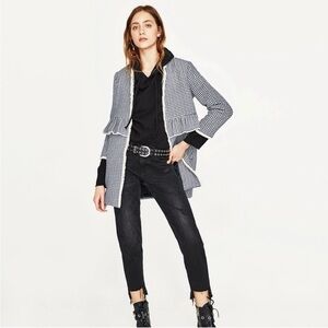 Zara Houndstooth Tweed Navy White Open Front Blazer with Ruffles  Size Small NWT